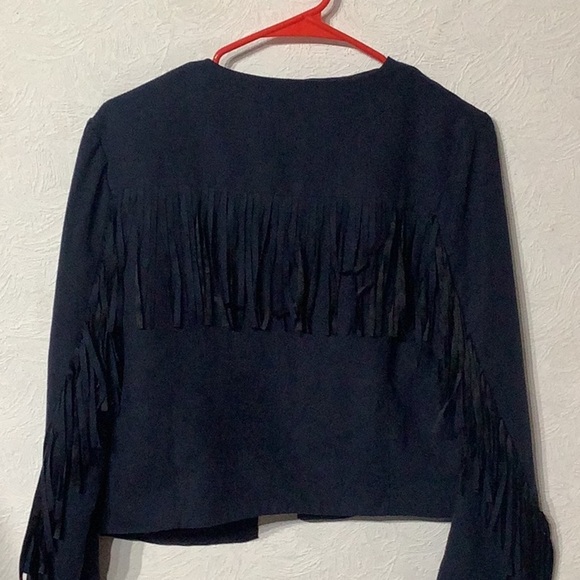 JustFab - Sz M - lightweight faux suede Navy Fringe Jacket with side pockets - Picture 8 of 9